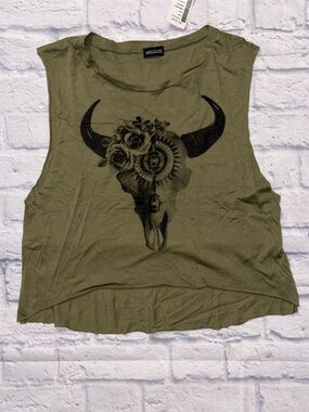 Love Culture Olive Graphic Muscle Tee with Floral Bull Skull